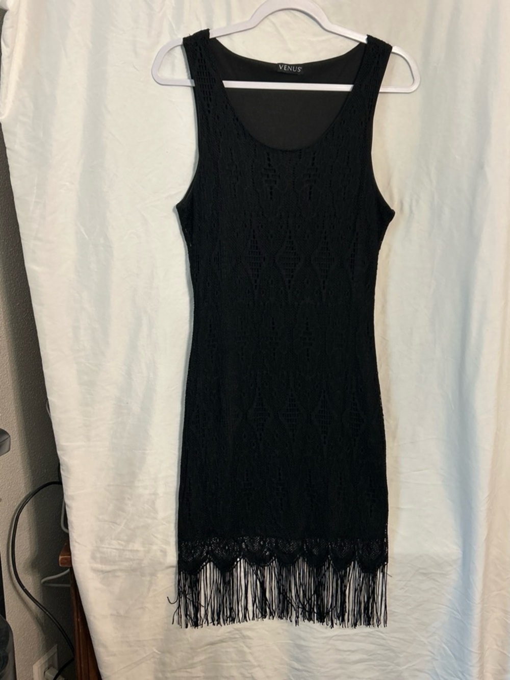VENUS Black Sleeveless Fringe Knit Mini Dress